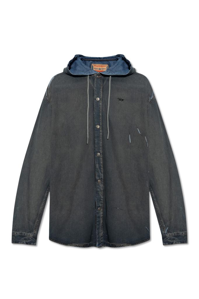 DIESEL シャツ デニム D-DEWNY-HOOD SHIRT Men's Hybrid shirt in worn-effect coated denim | Blue | Diesel