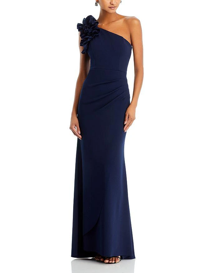 AQUA One Shoulder Ruffle Crepe Gown - Exclusive 1