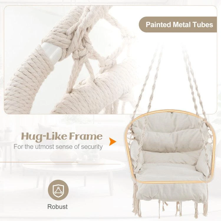 Hivvago Hammock Chair with Thick Cushion & Macrame Holds up to 330 LBS-Beige 3