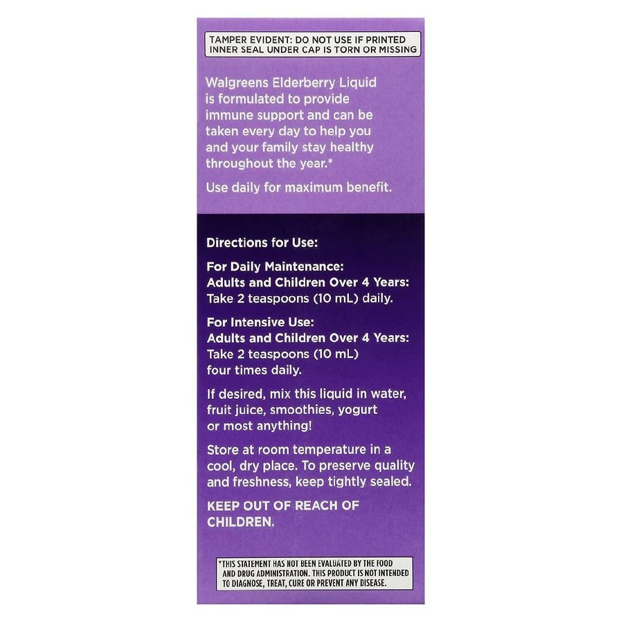 Walgreens Elderberry Liquid Dietary Supplement Sugar Free 4