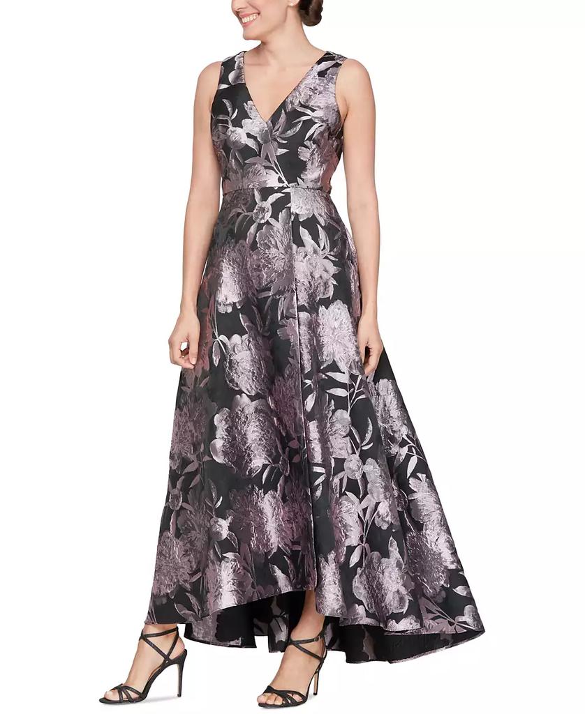 SL Fashions Petite Metallic-Jacquard Sleeveless High-Low Gown