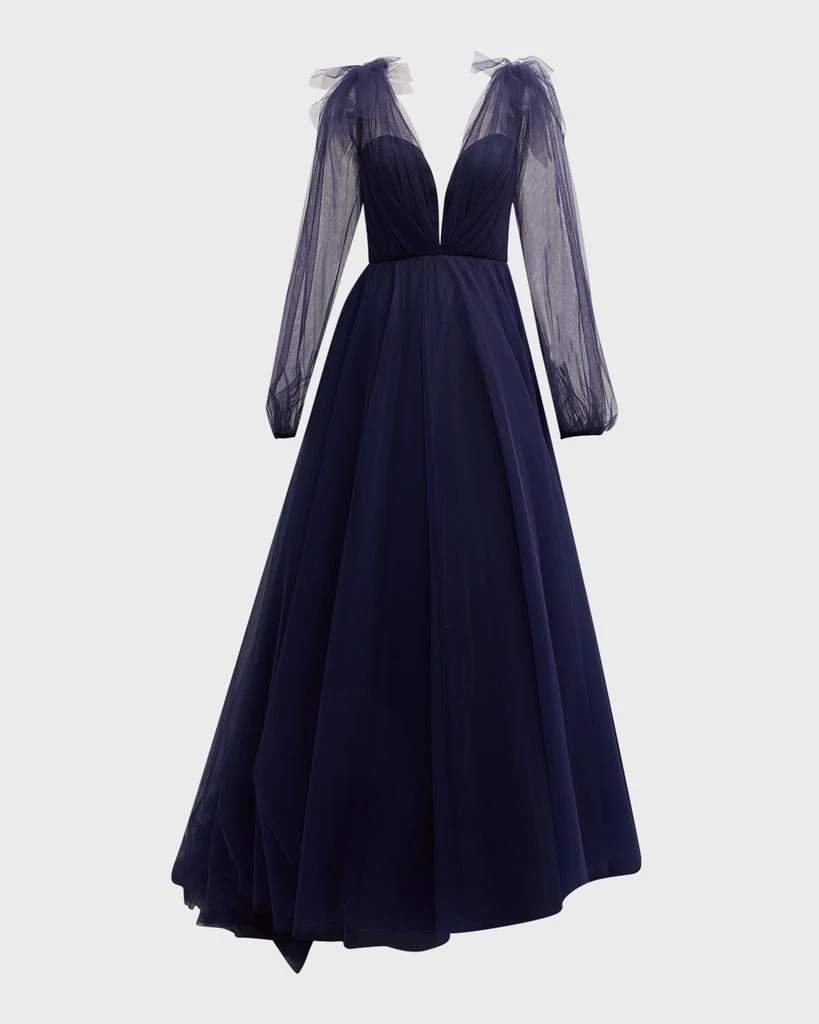 Romona Keveza Plunging Ruffle Long-Sleeve Tulle Gown 2