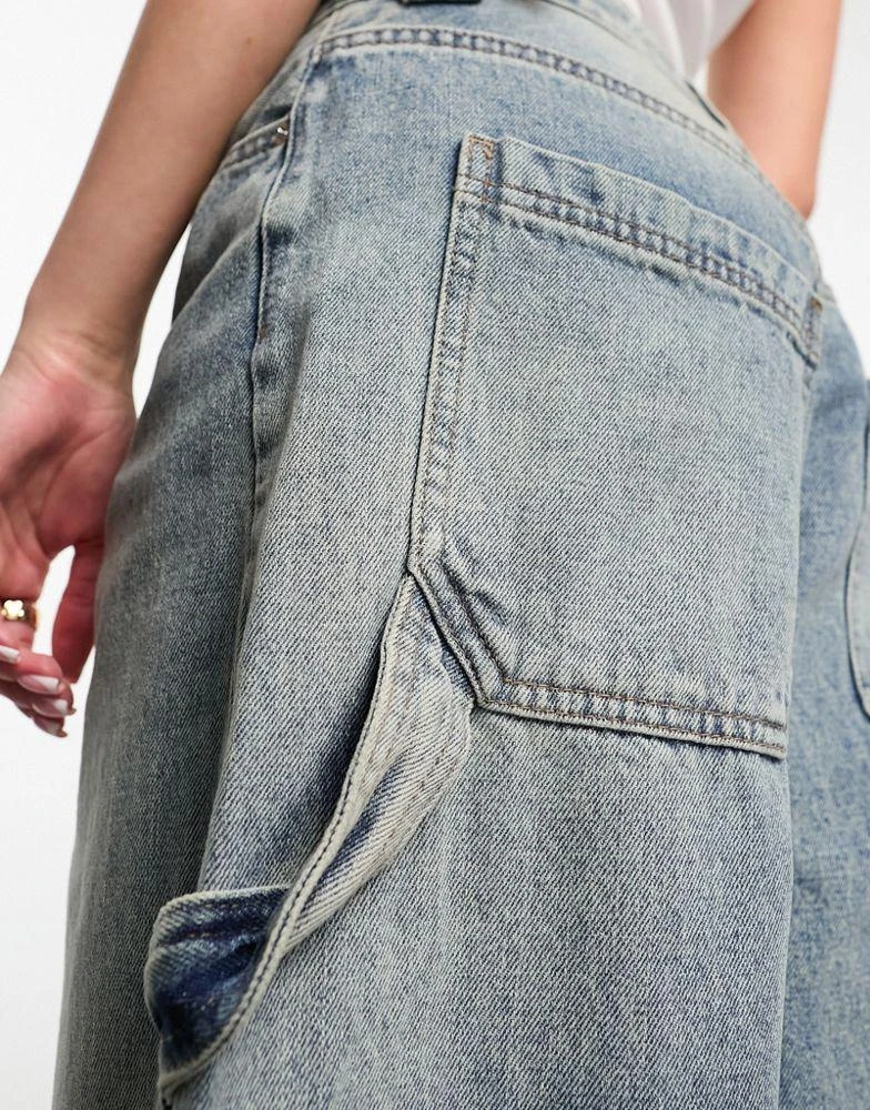 Bershka Bershka adjustable waist carpenter jeans in light dirty wash blue 5