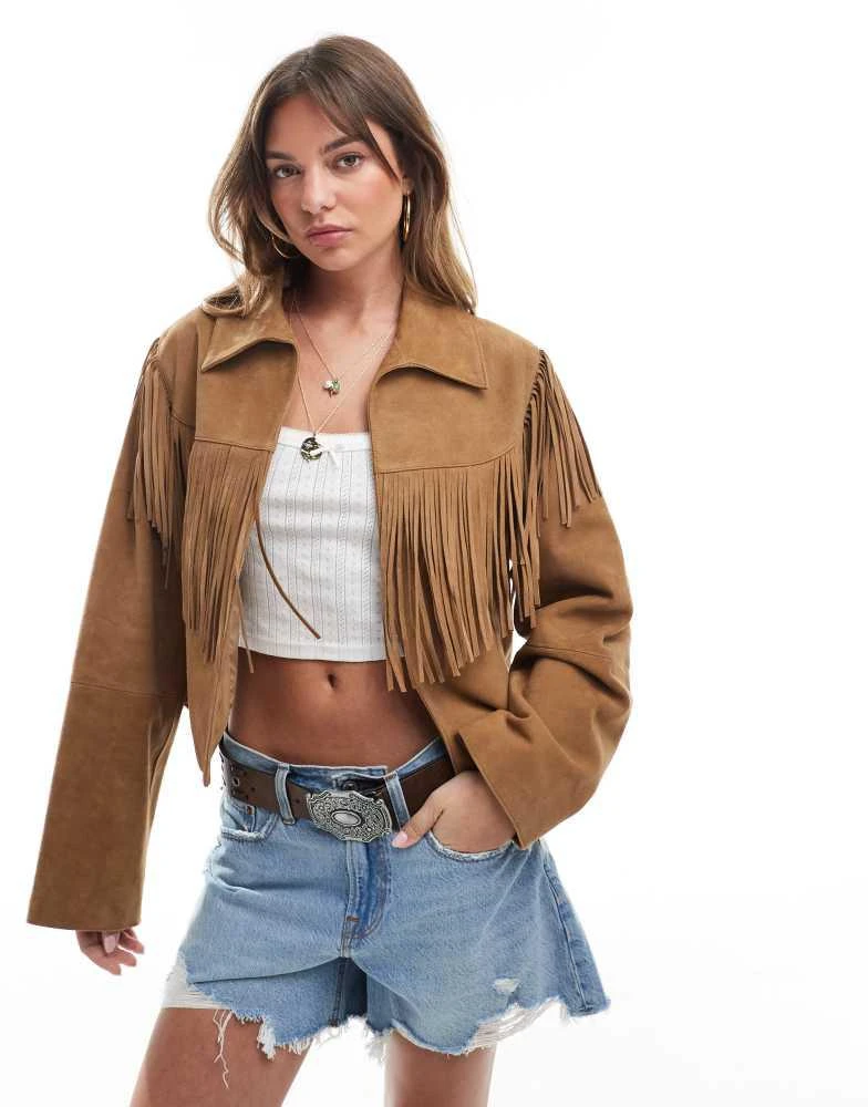 ASOS ASOS DESIGN double breasted real suede fringe jacket in tan 1