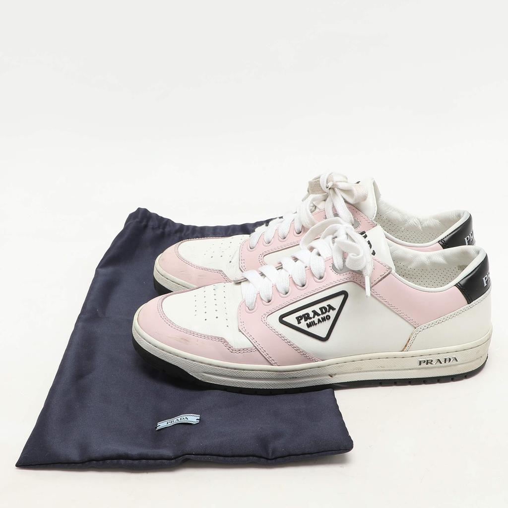 Shop Prada White/Pink Leather Low Top Sneakers Size 38 on Sale at