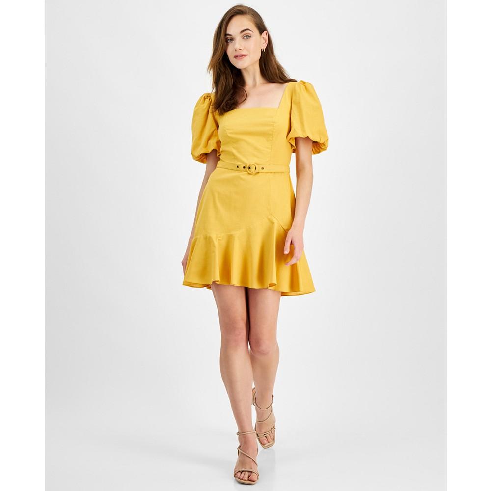 City Studios Juniors' Cotton Balloon-Sleeve Belted Mini Dress