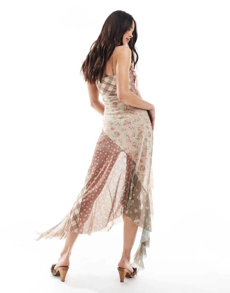 Bershka Bershka constrast check and floral maxi dress in neutral 4