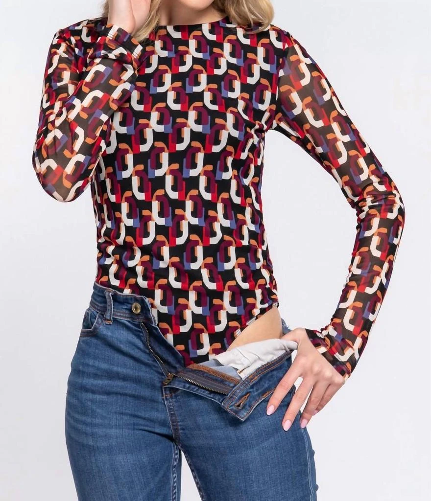 Active USA Active Usa - Long Sleeve Printed Mesh Bodysuit