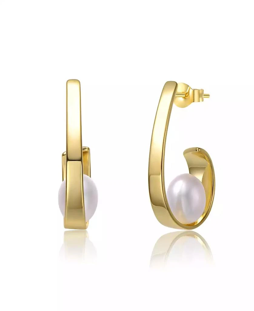 Genevive Elegant Sterling Silver 
14K Gold-Plated Ribbon Half-Hoop Earrings with White Freshwater Pearl Drops