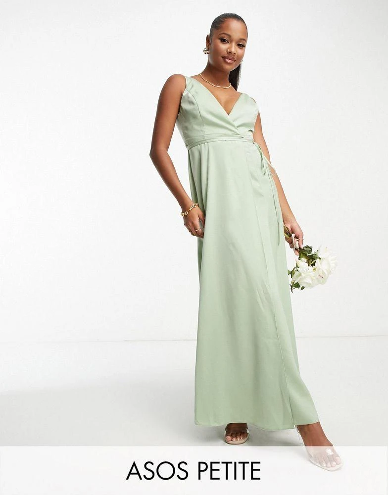 ASOS ASOS DESIGN Petite Bridesmaid satin wrap maxi dress with tie detail in sage 1