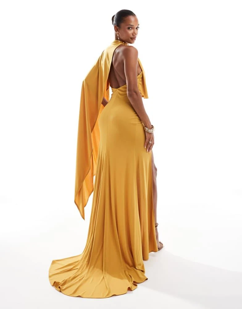 ASOS ASOS DESIGN one shoulder cape red carpet maxi dress with train in ochre 3