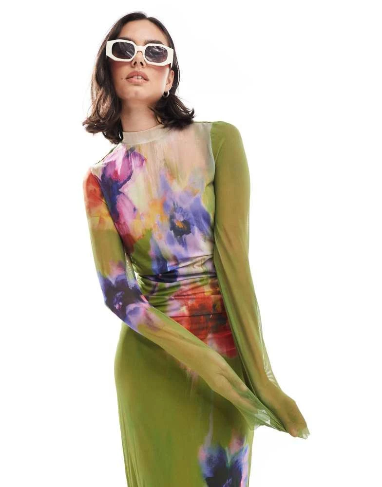 Edited Edited long sleeve mesh midi dress in olive green floral 3
