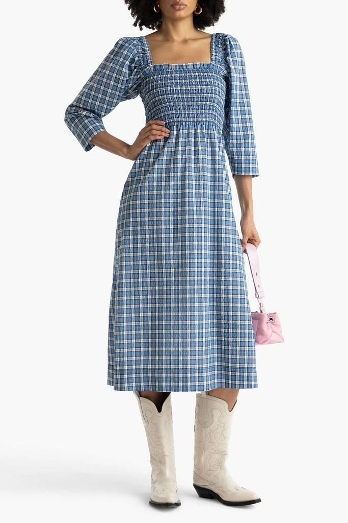 GANNI Shirred checked cotton-blend seersucker midi dress 2