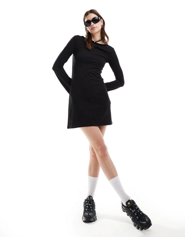 Weekday Weekday Serena boat neck long sleeve mini dress with trumpet sleeves in black 1
