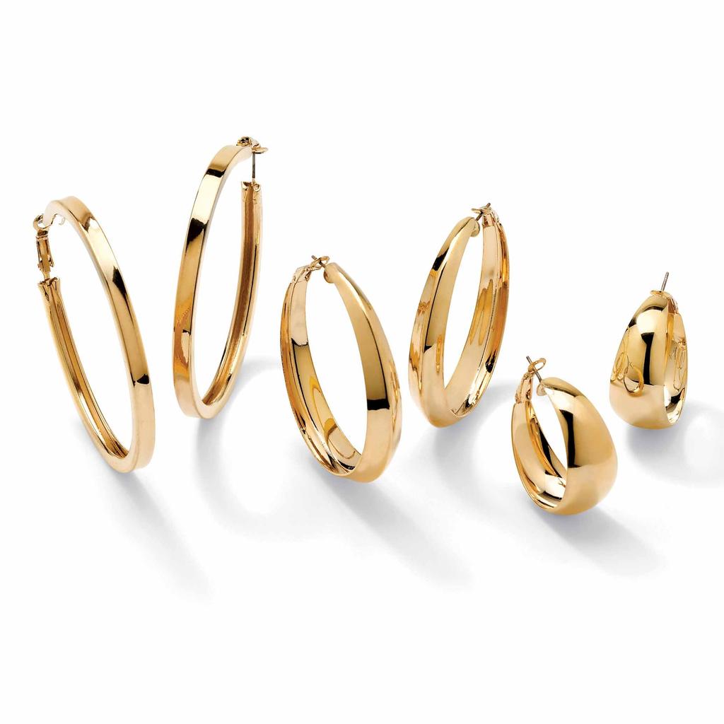Palm Beach Jewelry 3 Pair Hoop Earrings Set in Yellow Gold Tone