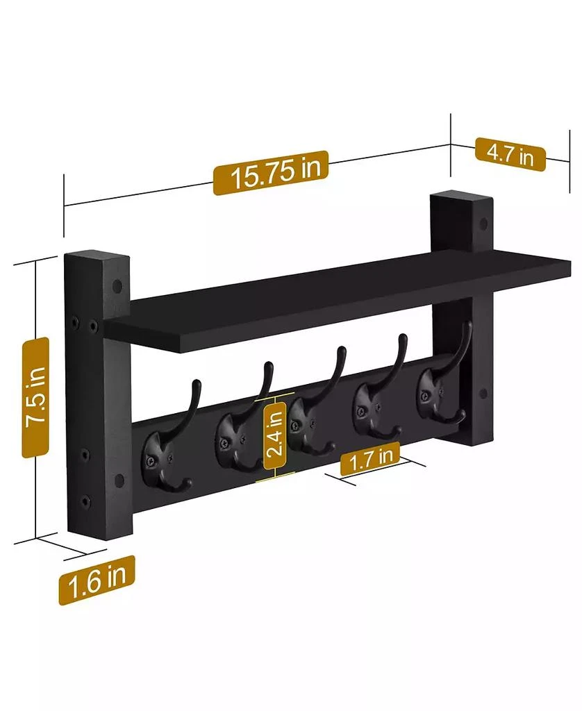 Sorbus 16 Inch Floating Wall Shelf with 5 Heavy Duty Hooks – for Entryway, Bathroom, Bedroom, Kitchen, or Mudroom 4