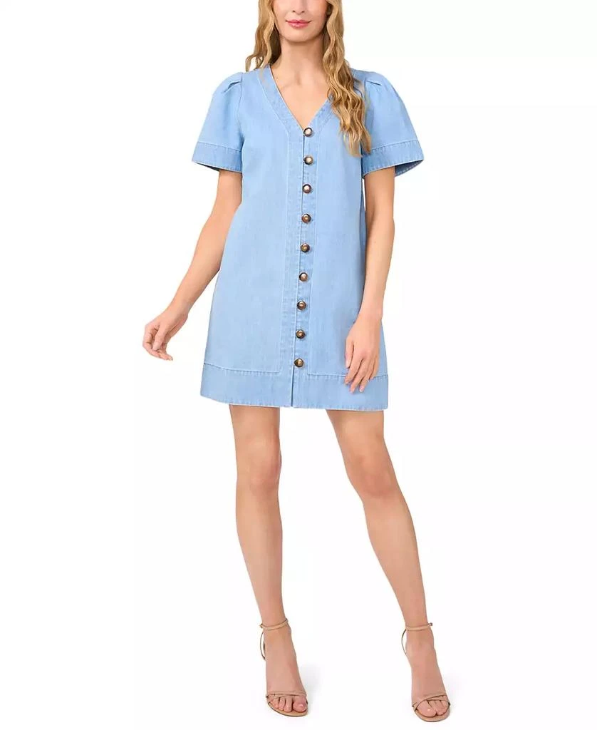 CeCe Women's Short Sleeve Button Front V-Neck Denim Dress 1