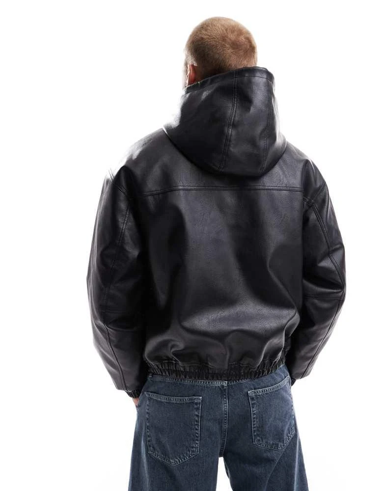 Bershka Bershka boxy fit faux leather jacket with hood in black 2
