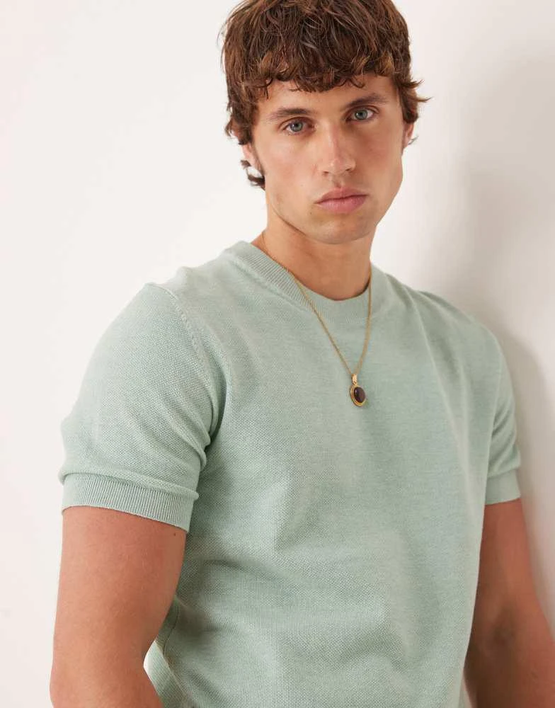 Mango Mango cotton blend fine knit t-shirt in turquoise 2