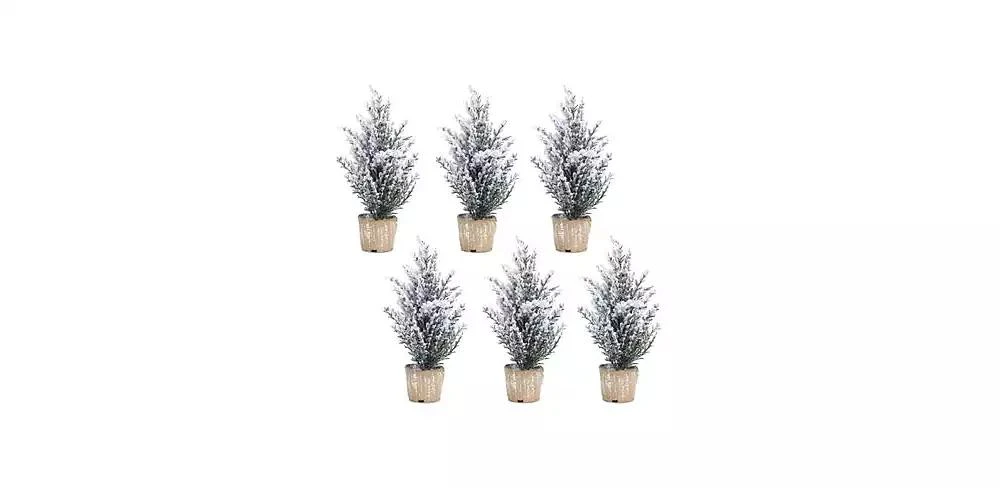 Slickblue Premium Potted Snowy Pine Tree Set (Set of 6) - Authentic-Looking 12" Artificial Trees for Seasonal and Holiday Delights