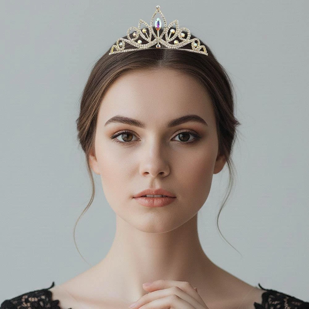 FASHNZFAB Marquise Stone Cluster Centered Rhinestone Pave Princess Tiara 3