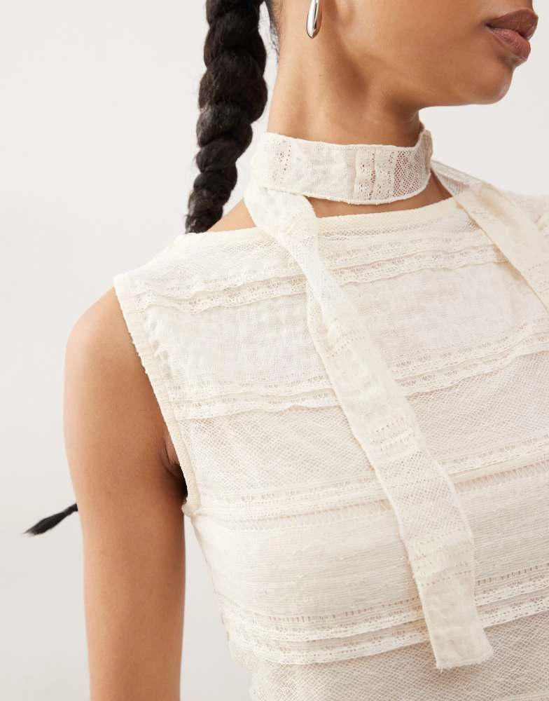 Reclaimed Vintage Reclaimed Vintage textured jersey and lace slash neck tank top and matching scarf in cream 4