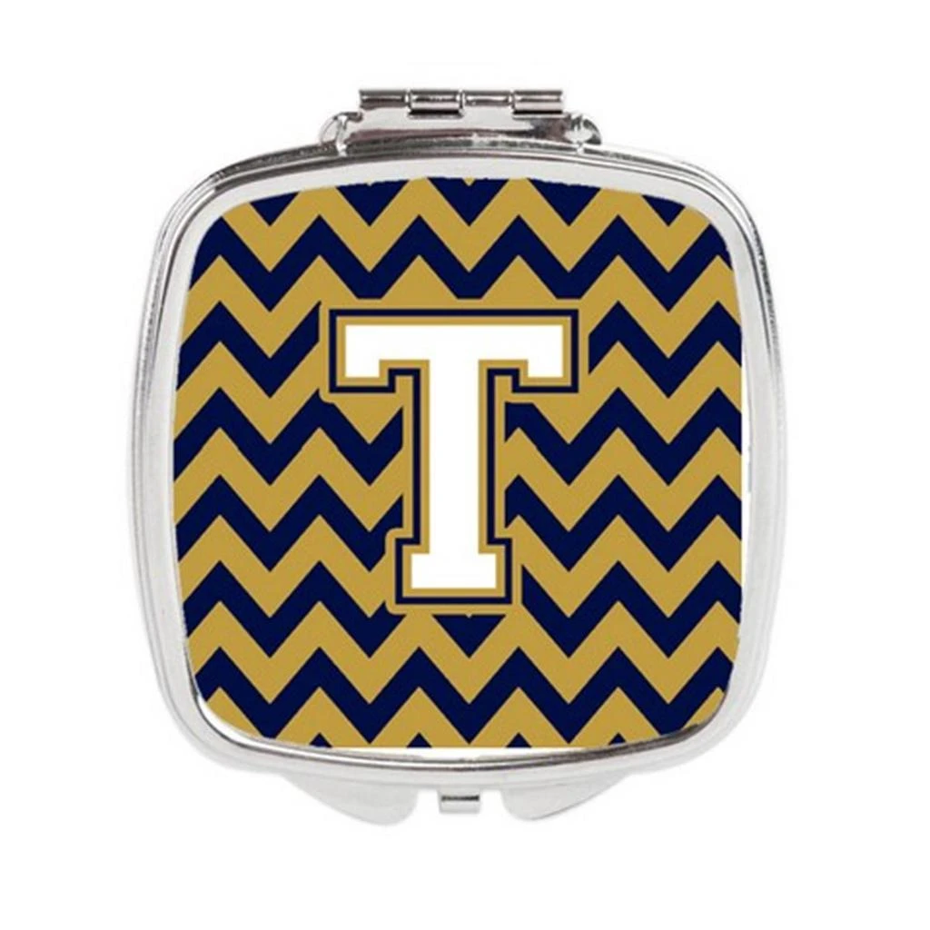 Carolines Treasures CJ1057-TSCM Letter T Chevron Navy Blue 
Gold Compact Mirror