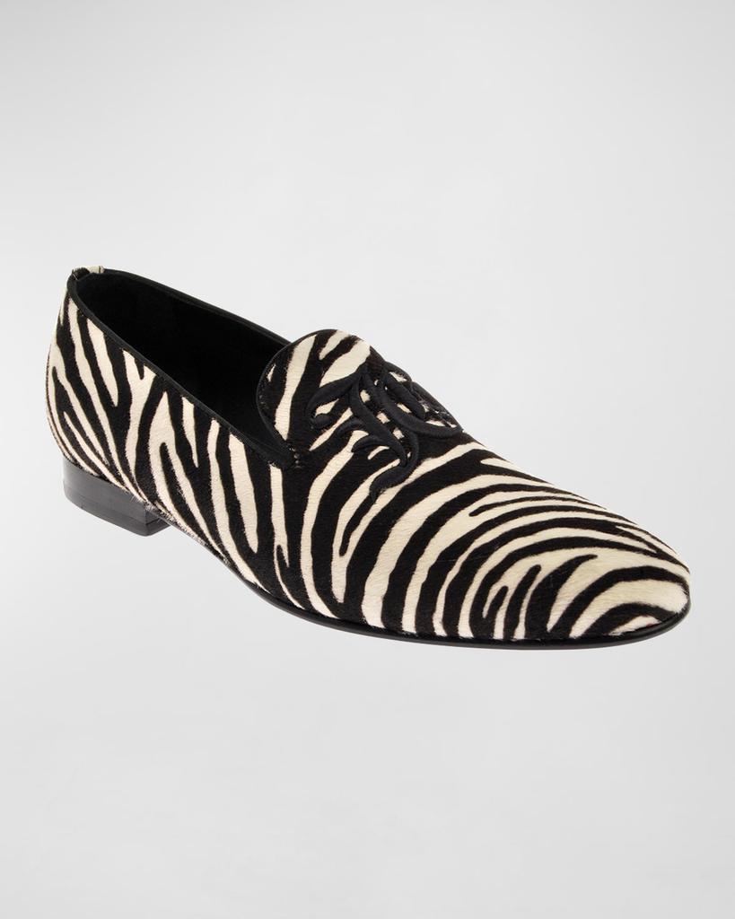John Galliano Paris Men's Zebra-Print Calf Hair Monogram Loafers