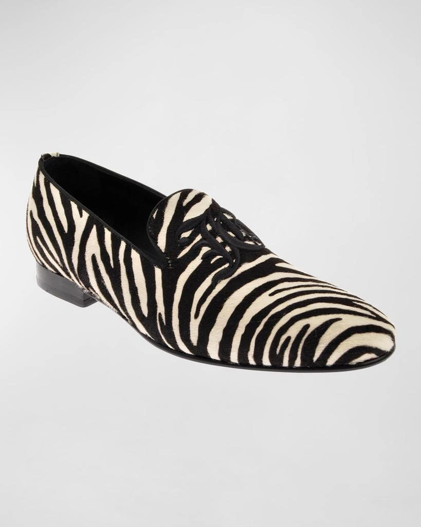 John Galliano Paris Men's Zebra-Print Calf Hair Monogram Loafers 2