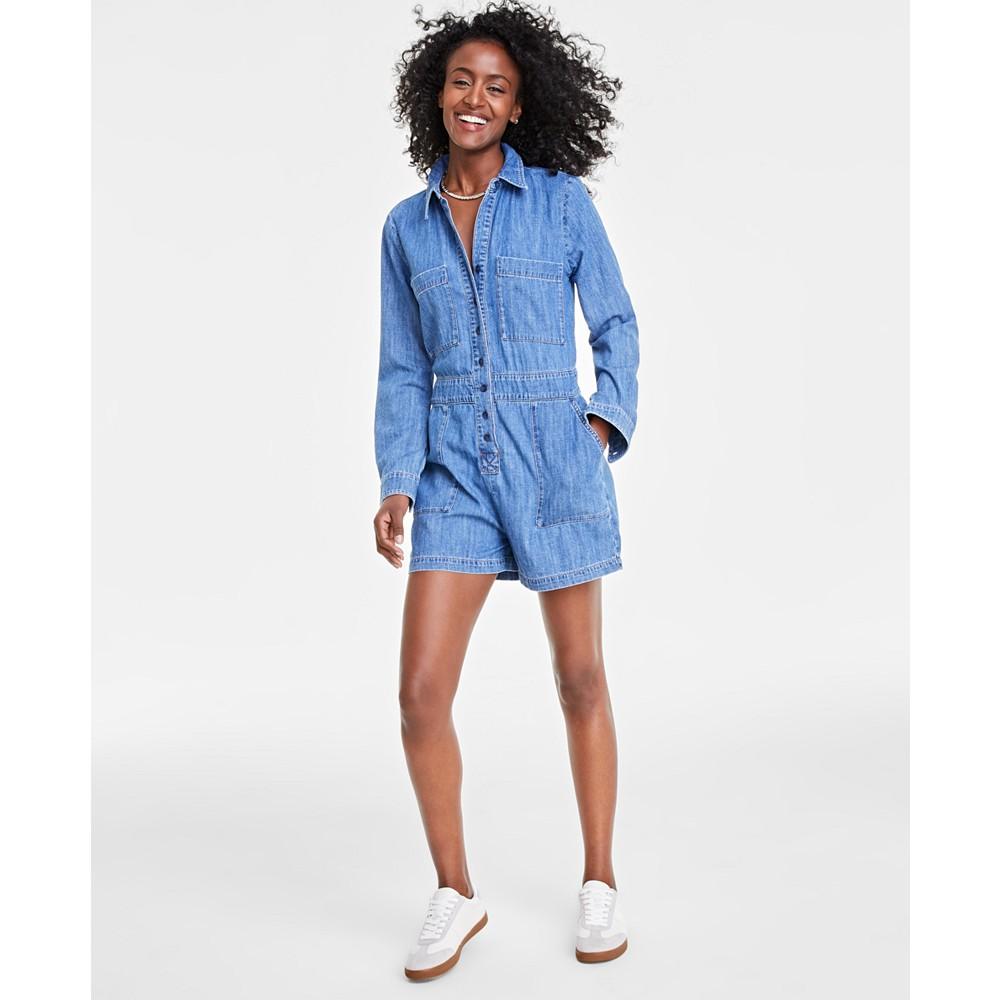 On 34th Women's Denim Long-Sleeve Utility Romper, Created for Macy's