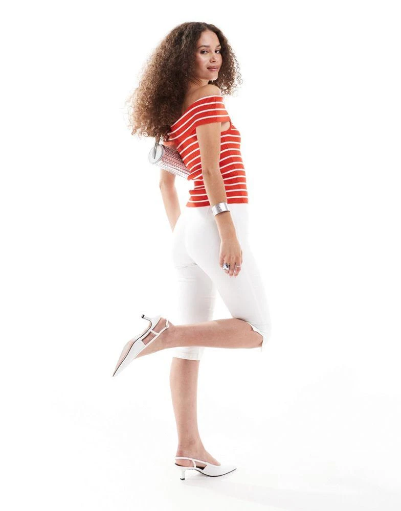 Monki Monki ribbed knitted off the shoulder bardot top in red and white stripe 4
