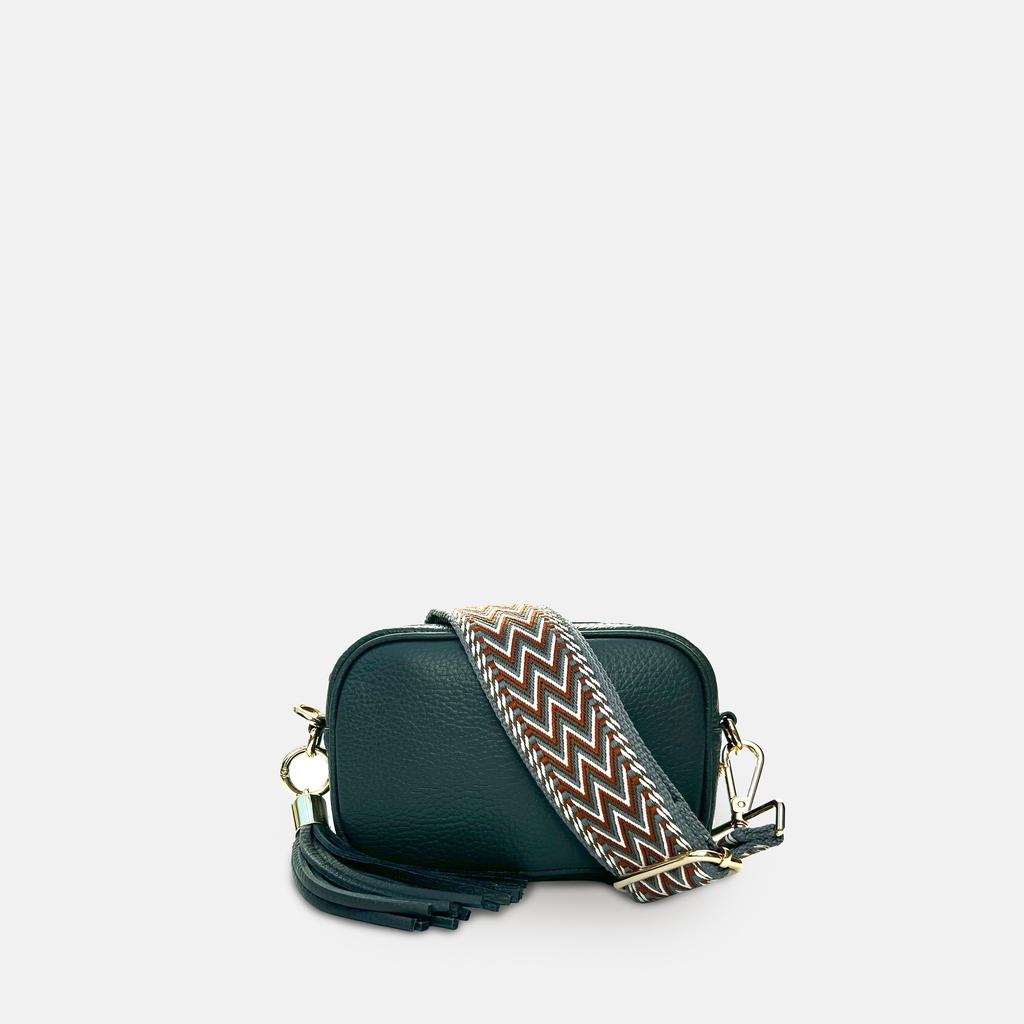 Apatchy London The Mini Tassel Dark Grey Leather Phone Bag With Tan Boho Strap