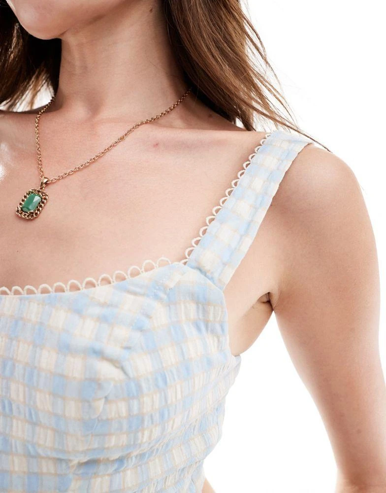 Bershka Bershka milkmaid top in blue & white check 2