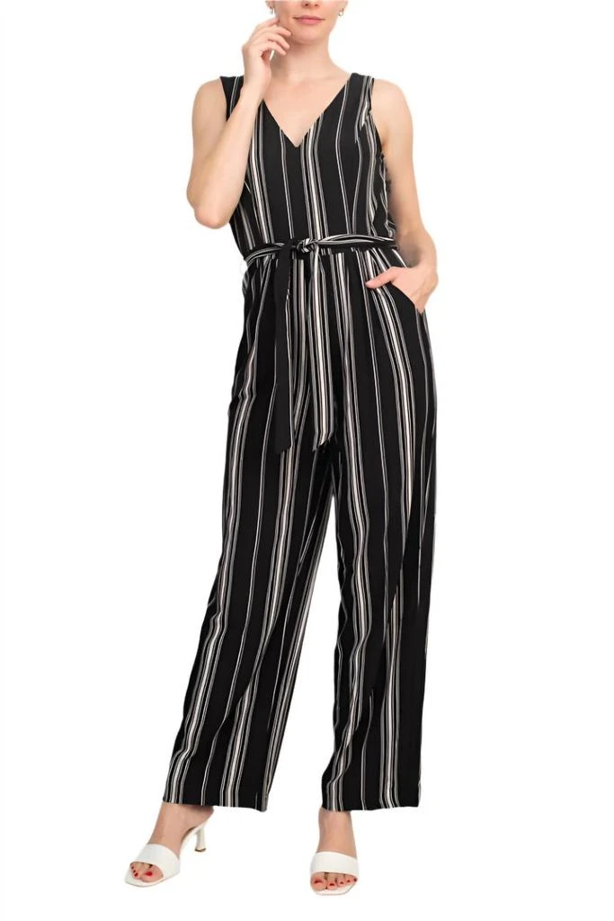 Emma 
Michele V-Neck Sleeveless Tie Waist Crepe Jumpsuit In Black/cream 2