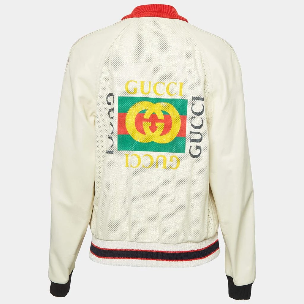 Gucci Gucci Cream Logo Print Leather Perforated Detail Bomber Jacket L 2
