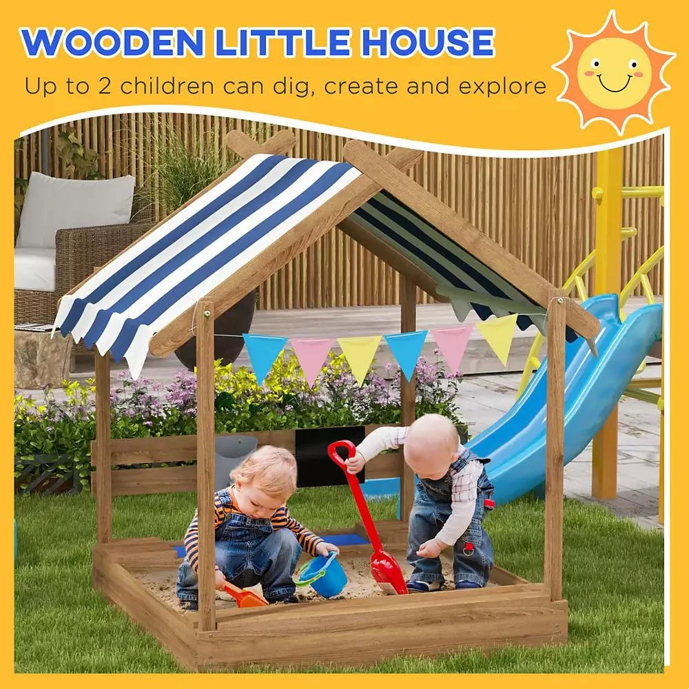 Streamdale Furniture Wooden Sandbox with Canopy House Design for 3-7 Years Old, Brown 4