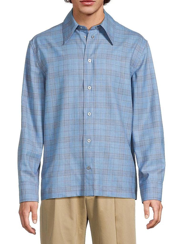 Jil Sander Plaid Wool-Linen Snap-Front Shirt 3