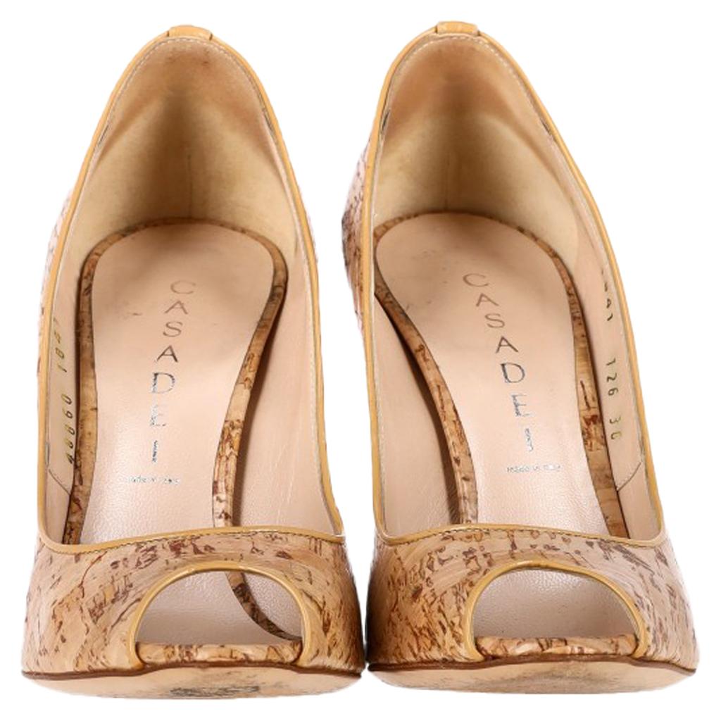 CASADEI Cork-Printed Peep-Toe Pumps in Brown Leather