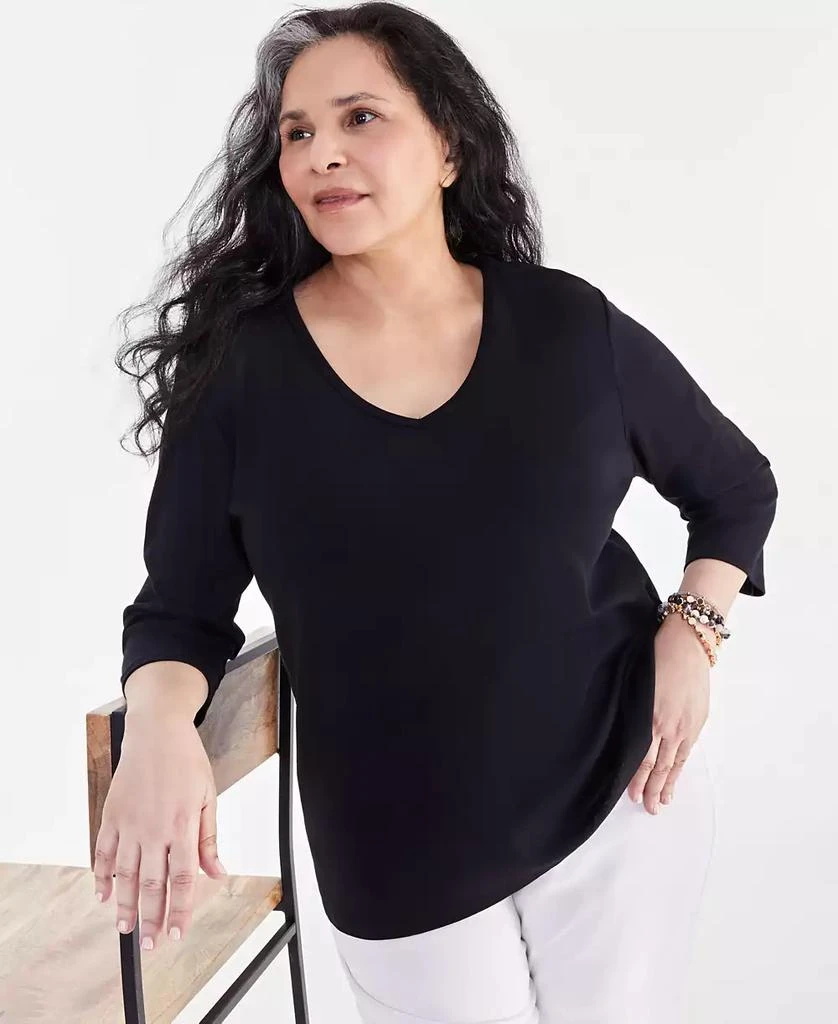 Style & Co Plus Size Cotton V-Neck 3/4-Sleeve Top, Created for Macy's 1