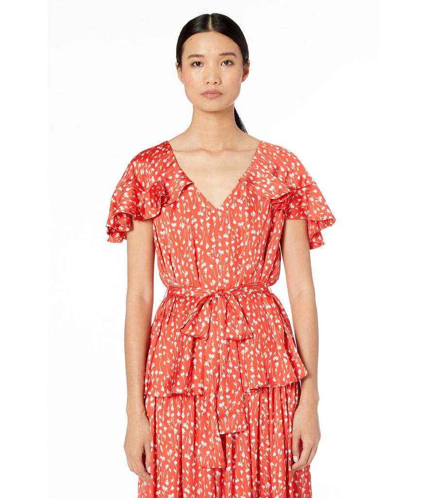 Monique Lhuillier Printed Top with Ruffled Sleeves