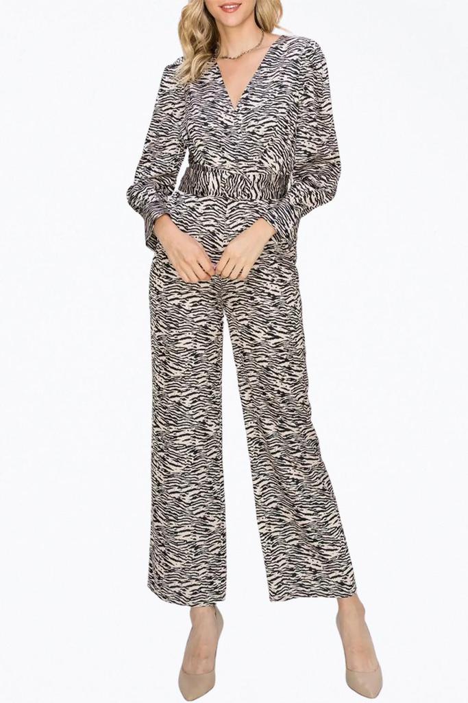 Adelyn Rae TONI ZEBRA-PRINT BELTED WRAP-EFFECT SATEEN JUMPSUIT