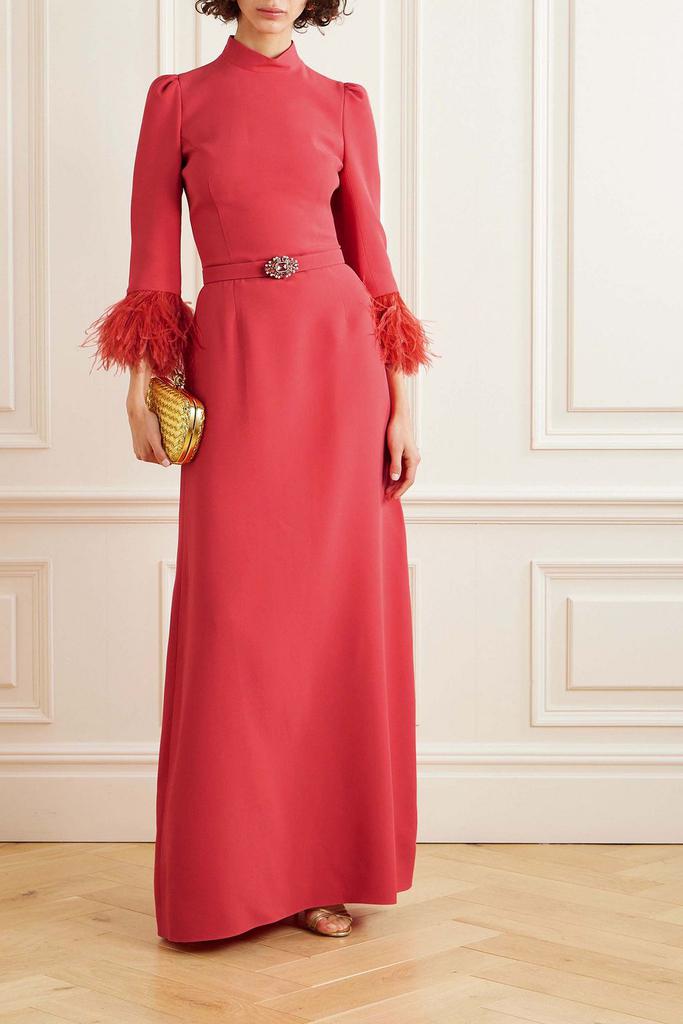 Andrew Gn Belted crystal and feather-embellished crepe gown