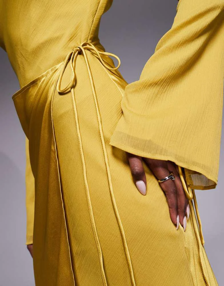ASOS ASOS DESIGN chiffon long sleeved slash neck maxi dress with satin wrap  skirt in ochre - Dresses & Skirts - Free Shipping - BeyondStyle