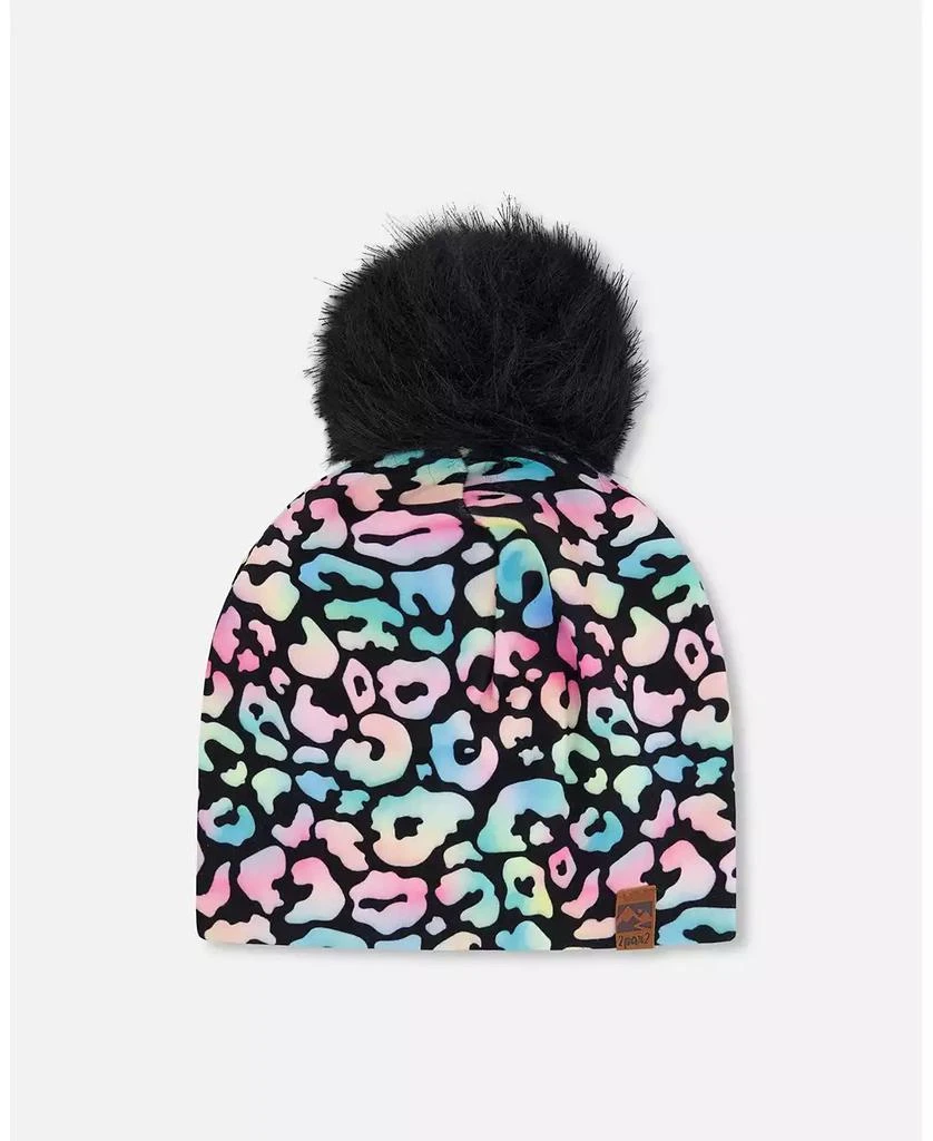 Deux par Deux Baby Girls Stretch Jersey Hat Black Animal Print with Pompom