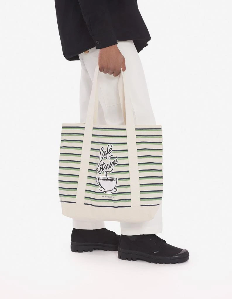 预计3周后发货 Maison Kitsune Tote Bag À Rayures Café Kitsuné - Matcha/Blanc/Marine 1