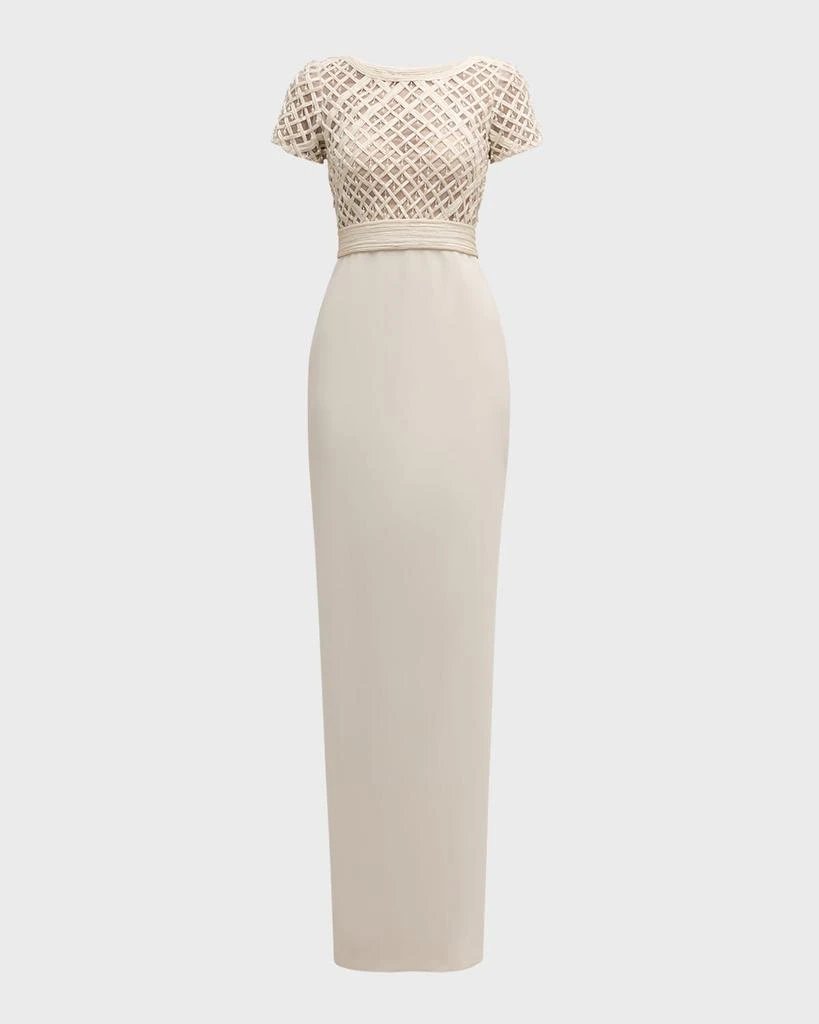 Pamella Roland Crepe Column Gown with Embroidered Satin Ribbon Bodice 1