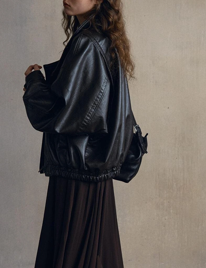 Pixie Market Black Leather Brown Funnel Neck Bomber Jacket-PREORDER 3