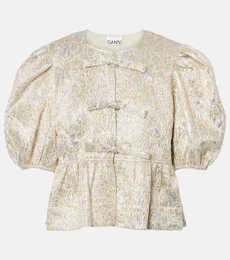 Ganni Puff-sleeve brocade top 1