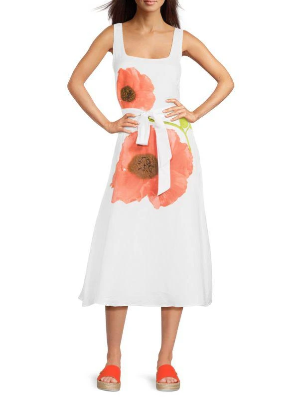 Karl Lagerfeld Paris Floral Linen-Blend Belted Midi-Dress 1