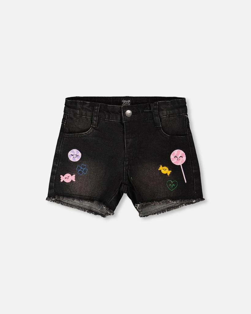Deux par Deux Black Denim Shorts with Embroidery